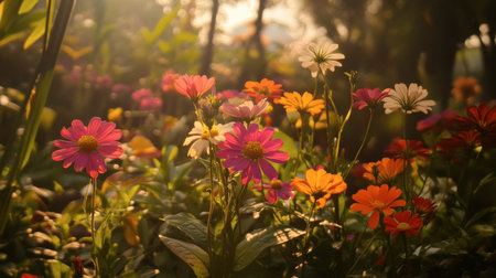A vibrant flower garden at Flora Park, Wang Nam Khiao, with colorful blooms in full display under the bright sunshine.の素材