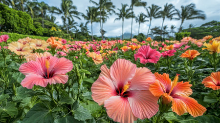 A vibrant hibiscus garden at Flora Park showcasing the bold, tropical flowers in their full glory.の素材