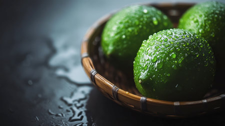 A vibrant green lime rests in a shallow basket, with droplets of water adding freshness.の素材
