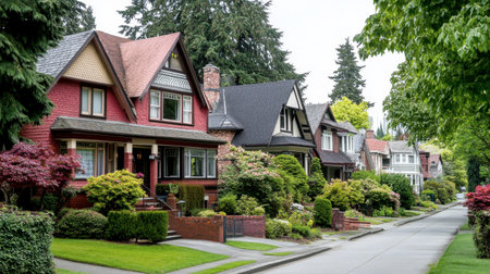 A vibrant suburban neighborhood with homes arranged in harmony, tree-lined pavements, and a clear sky.の素材