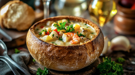 A warm seafood chowder served in a bread bowl, garnished with fresh parsley, on a rustic table setting.の素材
