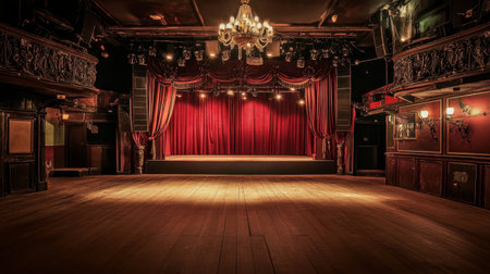 A warm and elegant stage with subtle lighting, plush red curtains, and an inviting wooden floor for intimate plays.の素材