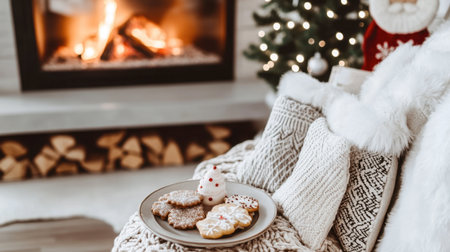 A warm living room scene with Christmas stockings, a roaring fire, and a plate of cookies for Santa.の素材