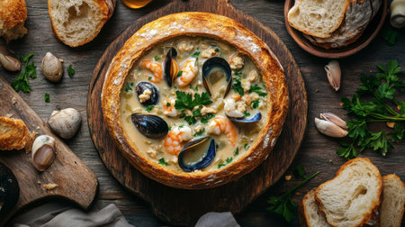 A warm seafood chowder served in a bread bowl, garnished with fresh parsley, on a rustic table setting.の素材