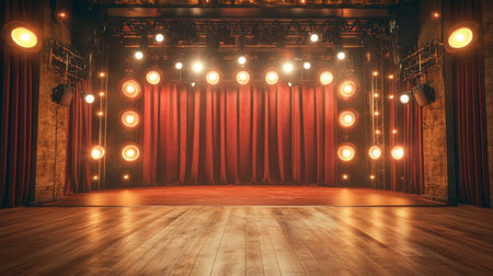 A well-lit theater stage with classic red curtains, glowing stage lights, and an expansive hardwood platform.の素材