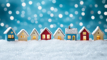 A whimsical Christmas village display with tiny houses, glowing lights, and snow-covered rooftops.の素材