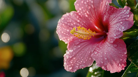 Close-up of vibrant flowers blooming at Flora Park, with dewdrops shimmering on the petals under soft morning light.の素材