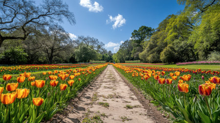 A wide-angle shot of Flora Park's flower beds, with rows of colorful blooms stretching to the horizon.の素材