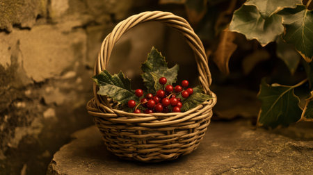 A wild berry displayed in a tiny basket, surrounded by natural, earthy tones.の素材