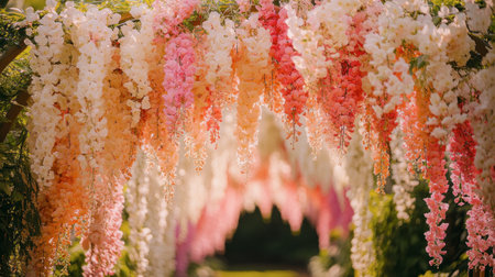 The beauty of a floral archway at Flora Park, adorned with cascading blooms in a mix of pink and white.の素材