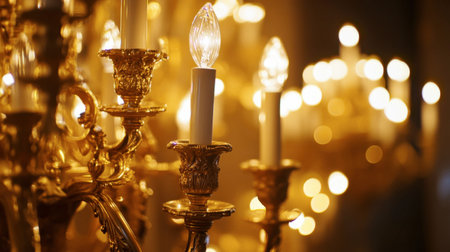 The chandeliers in the Hall of Mirrors at Versailles Castle, reflecting the elegance of French royal history.の素材