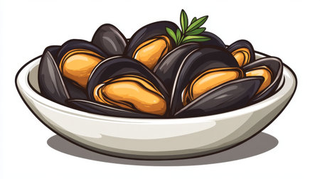Freshly cooked mussels served in a large bowl with garlic butter sauce and a sprig of thyme.の素材