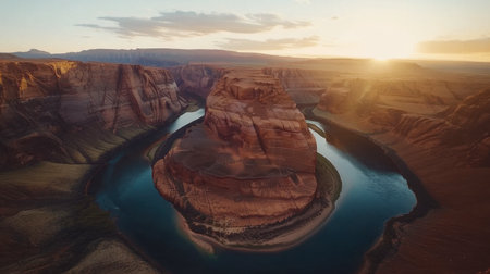 A winding river cutting through a minimalist canyon scene.の素材