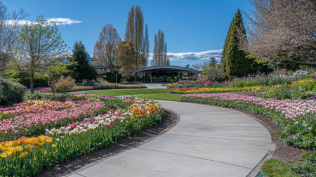 A winding garden path at Flora Park, flanked by rows of blooming flowers in every shade imaginable.の素材
