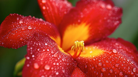 Close-up of vibrant flowers blooming at Flora Park, with dewdrops shimmering on the petals under soft morning light.の素材