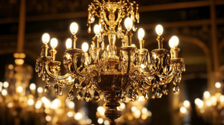 The chandeliers in the Hall of Mirrors at Versailles Castle, reflecting the elegance of French royal history.の素材