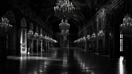 The chandeliers in Versailles Castle's Hall of Mirrors, perfectly aligned to reflect the grandeur of the space.の素材