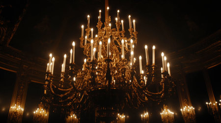 The elegant chandeliers in the Hall of Mirrors at Versailles Castle, adding a touch of timeless sophistication.の素材