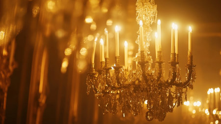 The iconic chandeliers in the Hall of Mirrors at Versailles Castle, glistening under the ambient lighting.の素材