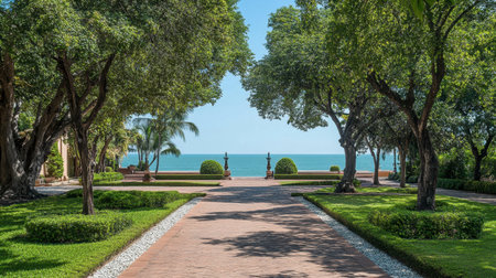 The Royal Palace of Pranburis peaceful gardens, overlooking the azure waters of the sea on a bright day.の素材