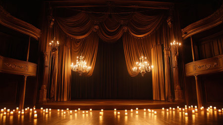 A theater stage with velvety drapes, grand vintage lights, and beautiful wooden textures perfect for a classic performance.の素材