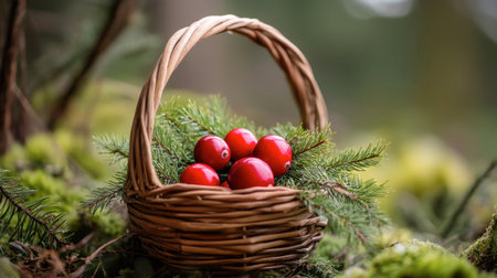 A vibrant cranberry nestled in a wooden basket, creating a festive and natural look.の素材