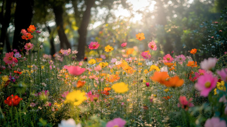 A vibrant flower garden at Flora Park, Wang Nam Khiao, with colorful blooms in full display under the bright sunshine.の素材