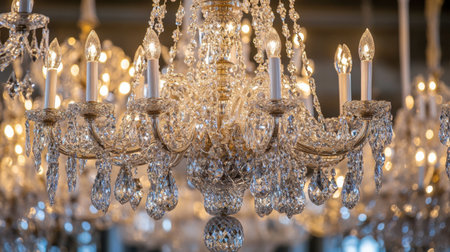 The chandeliers in the Hall of Mirrors at Versailles Castle, reflecting the elegance of French royal history.の素材