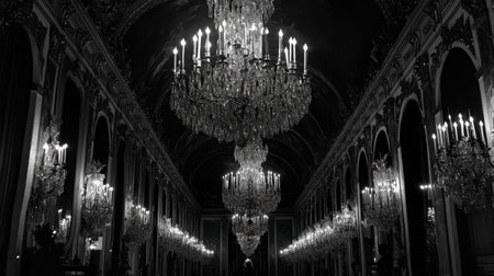 The chandeliers in the Hall of Mirrors at Versailles Castle, reflecting the elegance of French royal history.の素材