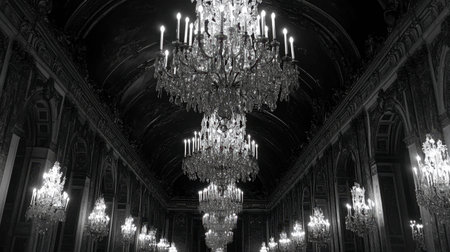 The chandeliers in Versailles Castle's Hall of Mirrors, perfectly aligned to reflect the grandeur of the space.の素材