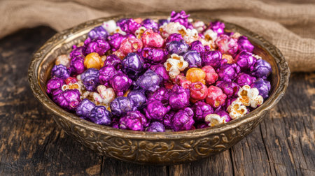 A vibrant bowl filled with colorful gourmet popcorn provides an inviting snack option for parties and gatherings, showcasing a delightful array of textures and flavors.の素材