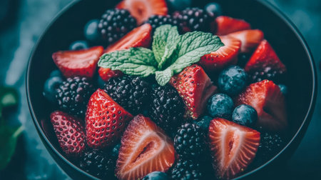 A vibrant and fresh medley of strawberries, blueberries, and blackberries garnished with mint leaves, perfect for a healthy snack or dessert.の素材