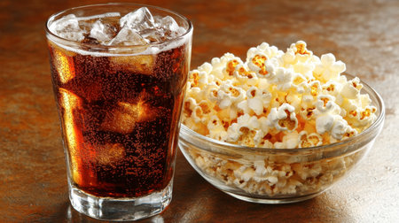 A refreshing drink with ice paired with a bowl of buttery popcorn creates a perfect snack combo for movie nights or casual gatherings. Enjoy!の素材