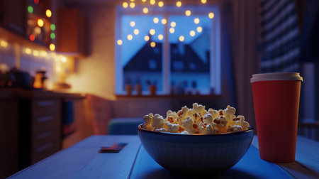 A cozy evening scene featuring a bowl of popcorn and a coffee cup, with warm lights in the background creating a cheerful and inviting atmosphere.の素材