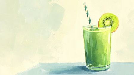 A vibrant green smoothie made with fresh kiwi and served in a glass with a straw. Perfect for summer refreshment and healthy living. Ideal for wellness themes.の素材