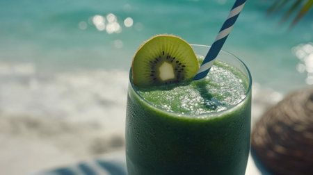 A vibrant green smoothie served in a tall glass, garnished with a slice of kiwi, captures the essence of summer by the beach, promoting a refreshing and healthy lifestyle.の素材