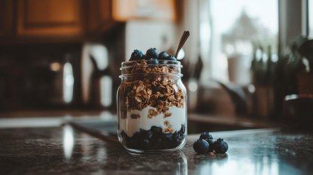 A vibrant breakfast jar featuring layers of granola, blueberries, and yogurt, perfectly arranged for a healthy meal. Ideal for morning routines!の素材