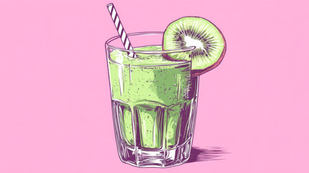 A vibrant green smoothie served in a clear glass with a straw, garnished with a slice of kiwi. Ideal for showcasing healthy and refreshing beverages.の素材