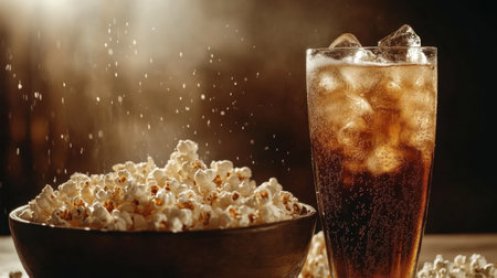 A tempting bowl of fresh popcorn alongside a glass of cola with ice, captured in a warm light, perfect for movie nights, parties, and gatherings.の素材