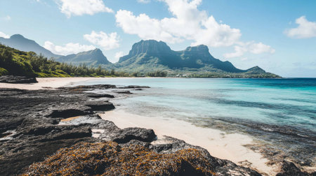 Discover a tranquil tropical beach with rocky shores and majestic mountains under a bright sky. A perfect spot for relaxation and exploration.の素材