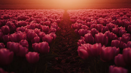 A stunning sunset illuminates a sea of pink tulips in a tranquil field. This image captures the beauty and serenity of nature during springtime bloom.の素材