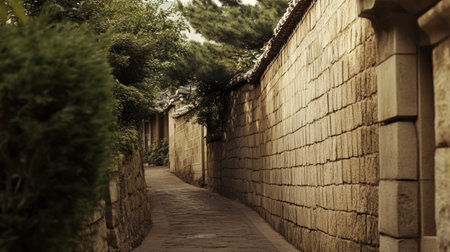 A tranquil pathway lined with ancient stone walls invites exploration. The lush greenery and warm sunlight create a serene atmosphere perfect for peaceful walks.の素材