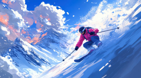 An energetic skier carves through fresh snow on a thrilling descent among majestic mountains. The vibrant colors and dramatic clouds create a stunning winter landscape.の素材
