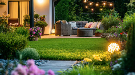 A cozy outdoor living space featuring comfortable furniture, soft lighting, and lush greenery, perfect for relaxation and gatherings in a beautiful garden setting.の素材
