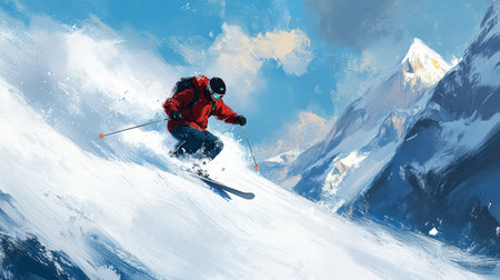 A thrilling scene of a skier navigating down a snowy mountain slope. The vibrant landscape captures the excitement and beauty of winter sports.の素材