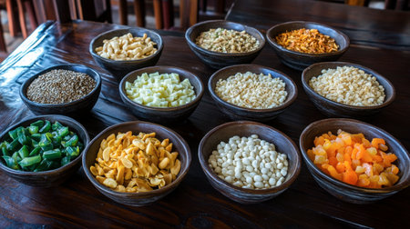A beautiful display of various colorful ingredients in wooden bowls, showcasing nuts, seeds, and snacks ideal for culinary preparation and healthy eating.の素材