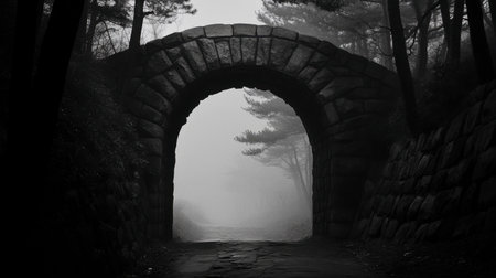 A captivating archway enveloped in fog, leading into a mysterious forest. The interplay of shadow and mist creates a serene and haunting atmosphere.の素材