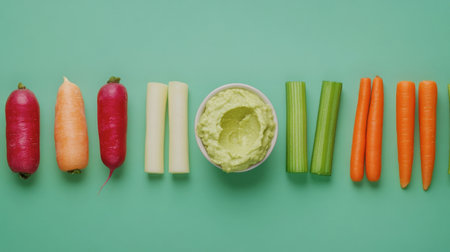 A vibrant display of fresh vegetables including carrots, celery, and radishes, accompanied by a creamy dip, perfect for healthy snacking or appetizers.の素材