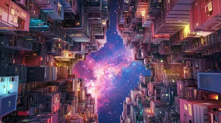 A mesmerizing cosmic cityscape reveals vibrant buildings reaching toward a starry sky, blending urban life with the wonders of the universe.の素材