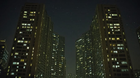 A captivating urban nightscape featuring high-rise buildings illuminated by warm apartment lights, set against a starry night sky, showcasing modern city life.の素材